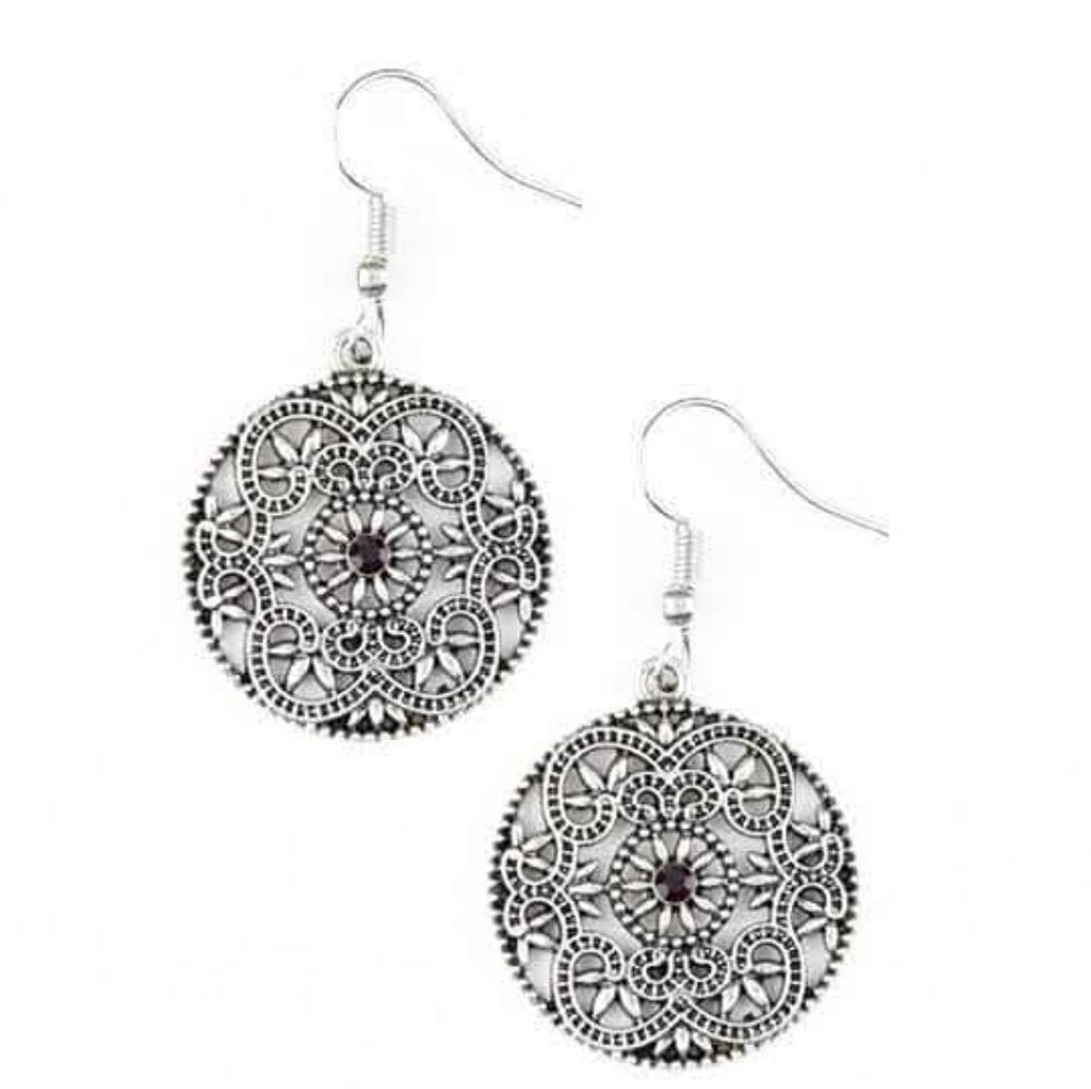 Scrollwork earrings with purple stone